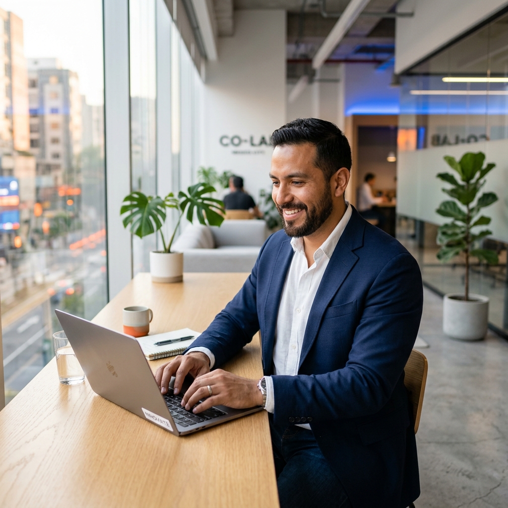 Emprendedor exitoso trabajando en su laptop con diseño web profesional en México